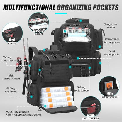 Tactical Fishing Backpack with Tackle Boxes, Rod Holders & Bottle Holder, 50 L Large Tackle Box Backpack with Cooler, Fishing Tackle Bag with Trays Store Gear & Equipment, Black - color: Black