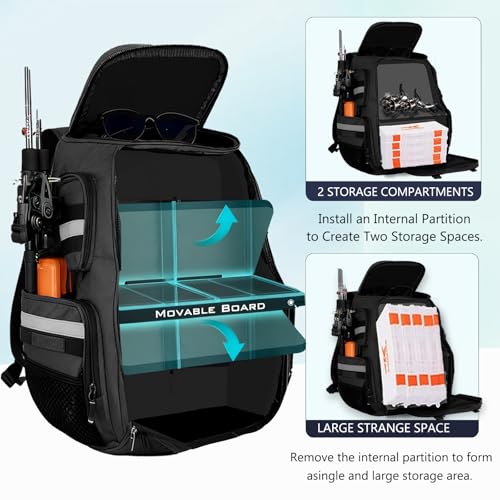 45L Fishing Tackle Backpack with Rod Holders, Waterproof Large Fishing Back Pack Storage Bags & Wraps Gear And Equipment for Men for Camping Hiking, Bottle Holder - color: Black