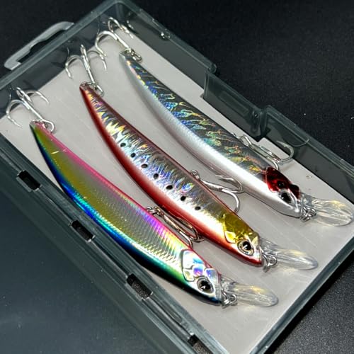 3pcs Iridescent Minnow Fishing Lures Set - 5" Sink Swimbaits, Ultra Long Casting, High-Index Plastic, Multi-Color with Treble Hooks Clear Storage Box - Perfect for Sea Fishing Bait - color: AH1328A-5'' 1oz