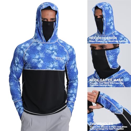 Men's Performance Fishing Shirts,Sun Protection Hoodie Long Sleeve UPF 50+ Hiking Shirt with Mask Cap - color: Blue 2, size: Medium
