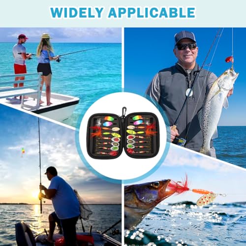 16pcs Fishing Lures Spinner Baits Kit, Metal Bass Trout Lures with Portable Carry Bag, Fishing Gears Spinnerbait Spoons Baits for Freshwater Saltwater Trout, Gifts for Men