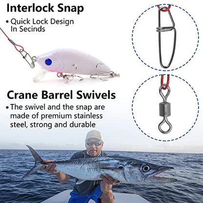 Heavy Duty Fishing Wire Rigs Leaders, 10Pcs 150LB Stainless Steel Fishing Line Leaders with Swivels Snaps Fishing Trace Lures Leader Rigging - color: Red-10pcs