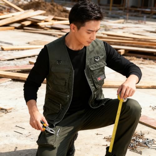 1PC Men's Heavy Duty Lined Vest with 10 Pockets, Warm Padded Sleeveless Jacket for Fishing, Hiking, Photography, Work Olive Green Large, Green