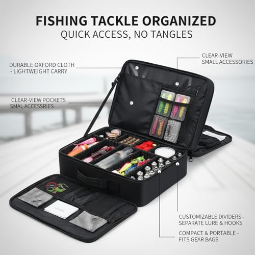 Oxford Cloth Fishing Tackle Bag with Dividers, Portable Lure & Hook Storage Case for Anglers, Black - size: 16.93 x 12.2 x 6.69 in