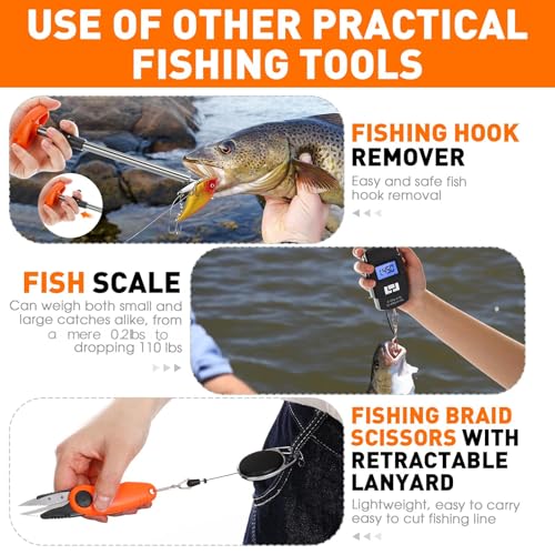 RoundFunny 10 Pcs Fishing Tool Kit, Fishing Pliers with Lanyard and Protective Sheaths, Landing Net, Fillet Knife, Fish Scale, Gripper, Hook Remover, Braid Scissors, Gloves for Men Dad Gift - color: Orange