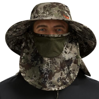 BASSDASH UPF 50+ Breathable Sun Hat with Removable Face Cover and Neck Flap Wide Brim Bucket Hat for Fishing Hiking Men Women - color: Grunge Camo