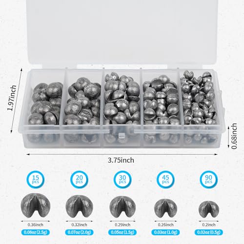 Caleb 200/320Pcs Split Shot Fishing Weights Sinkers, Removable Lead Fishing Weights, Premium Duckbill Reusable Fishing Sinkers for Freshwater Saltwater Bass Trout Fishing Accessories - 5/6 Sizes - size: 200PCS/5 SIZE