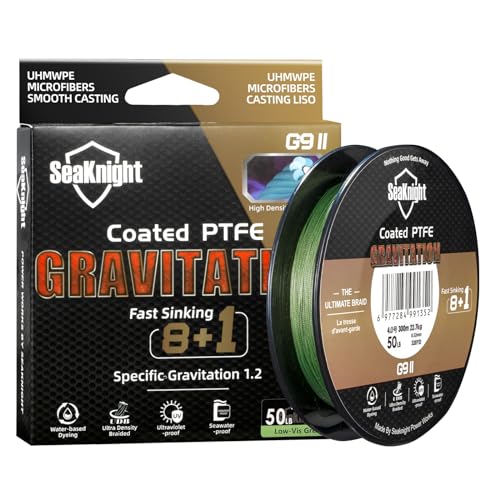 SeaKnight G9 II 8+1 Braide line, 9 Strands Braided Fishing Line Fast Sinking Fishing Line 164Yds/328Yds Seawater-Proof UV-Proof Coated PTFE Sea Fishing Line Braid 17-80LB - color: Low-vis Green, size: 22LB(0.16mm)-328Yds
