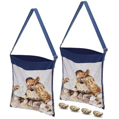 VioraWhite 2 Pcs Extra Large 14 x 16inch Clam Mesh Chum Beach Bags for Seashells Clams Treasures Sand Away Foldable Shell Collection Bags with Adjustable Straps (Navy Blue) - color: Navy Blue