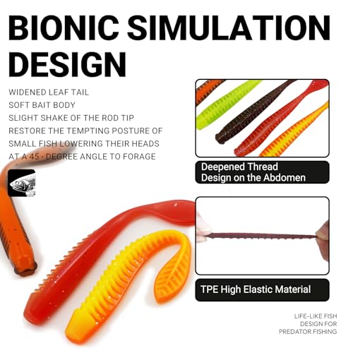 Soft Plastic Fishing Lures 45-Piece Kit with Jig Heads | Realistic Leaf Tail TPE Swimbaits | Lifelike Swimming Action Bass Baits for Freshwater & Saltwater Game Fish