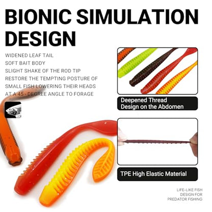 Soft Plastic Fishing Lures 45-Piece Kit with Jig Heads | Realistic Leaf Tail TPE Swimbaits | Lifelike Swimming Action Bass Baits for Freshwater & Saltwater Game Fish