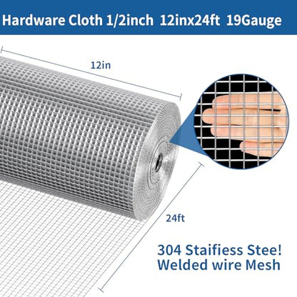 apbgwj 304 Stainless Steel Welded Wire Mesh, 1/2 inch Hardware Cloth, Chicken Wire Fence Mesh Cage Poultry Garden Plant Support Containment Fence(12in×24ft) - size: 1/2inch 12in x 24ft