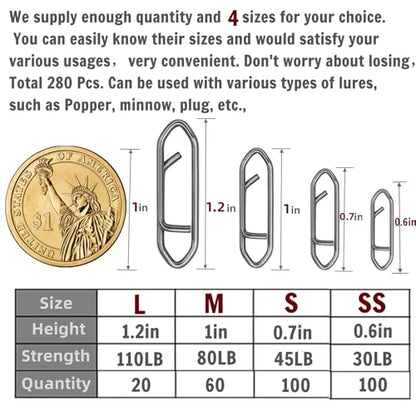 280Pcs/Box Stainless Steel Fishing Power Speed Clips (SS:100Pcs,S:100Pcs,M:60Pcs,L:20Pcs) High Strength Fishing Connector Swivels Snaps for Quick Change Lure Tackle Saltwater Freshwater