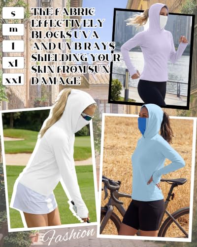 Xaatren 3 Pack Women's UPF 50+ Sun Hoodies with Face Mask Thumb Holes Quick Dry Fishing Shirts UV Protection Hiking Shirt - color: Purple, Blue, White, size: XX-Large