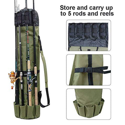 Allnice Durable Canvas Fishing Rod & Reel Organizer Bag Travel Carry Case Bag- Holds 5 Poles & Tackle - color: Khaki Green