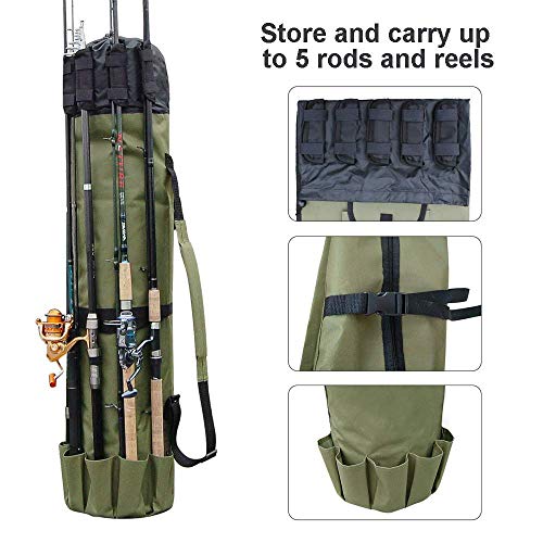 Allnice Durable Canvas Fishing Rod & Reel Organizer Bag Travel Carry Case Bag- Holds 5 Poles & Tackle - color: Khaki Green