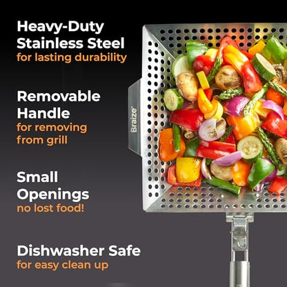 Heavy-Duty Stainless Steel Grill Basket – 12" x 13.75" Large BBQ Basket with Removable Handle – Durable Grilling Basket for Vegetables & Meat – Outdoor Cooking Accessory for Gas & Charcoal Grills - size: w/out Scrub Sponges
