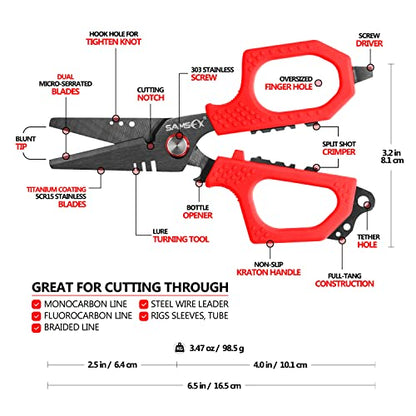 SAMSFX 6.5" Pro Fishing Shears Dual Serrated Blades, Fishing Braided Line Scissors with Titanium Coating, Non-Slip Grip & Multifunction Tool, Includes Hard Molded Locking Sheath & Coiled Lanyard - color: A: Red Kraton Handle, Hard Sheath