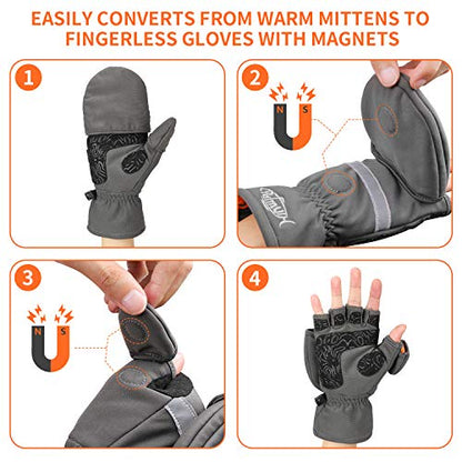 Palmyth Ice Fishing Gloves Convertible Mittens Flip Fingerless Mitt with Thinsulate 3M Warm for Cold Weather and Winter Men Women Photography Running Camera - color: Gray, size: Small