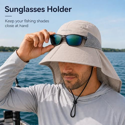 Palmyth Fishing Hat Wide Brim Sun Hat with Neck Flap & Sunglasses Storage | Sun Protection, Adjustable Fit, Breathable Mesh & Sweatband, Foldable, For Men & Women - color: Sand