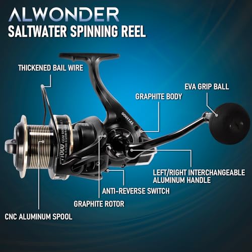 Alwonder Saltwater Spinning Reel 10000/11000 Surf Fishing Reel Graphite 13+1 Stainless Steel BBS 35LB Max Drag Heavy Duty Surf Casting Sea Offshore Catfish Reel - style: Model 11000