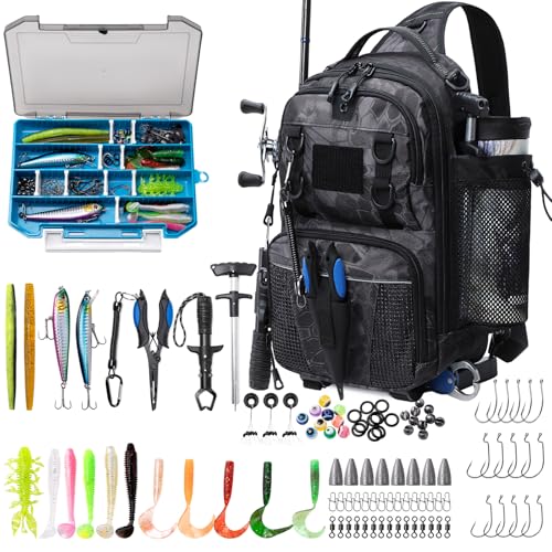 Fishing Bag with Tackle Boxes, Lightweight Fishing Sling Pack,Convertible Tackle Bag with Rod & Beverage Holder, Fishing Gear with Lures, Pliers, Lip Gripper, Black Camo with Fishing Tools - color: Black Camo（Included Fishing Tools Kit）