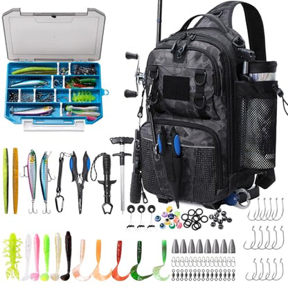 Fishing Bag with Tackle Boxes, Lightweight Fishing Sling Pack,Convertible Tackle Bag with Rod & Beverage Holder, Fishing Gear with Lures, Pliers, Lip Gripper, Black Camo with Fishing Tools - color: Black Camo（Included Fishing Tools Kit）