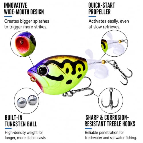Top Water Lures, Floating Plopper Bait with BKK Hooks – Bass Fishing Lures for Trout, Pike & Other Freshwater & Saltwater Species – Great Fishing Gifts for Men - color: B2-3PCS,2.28in,0.39oz