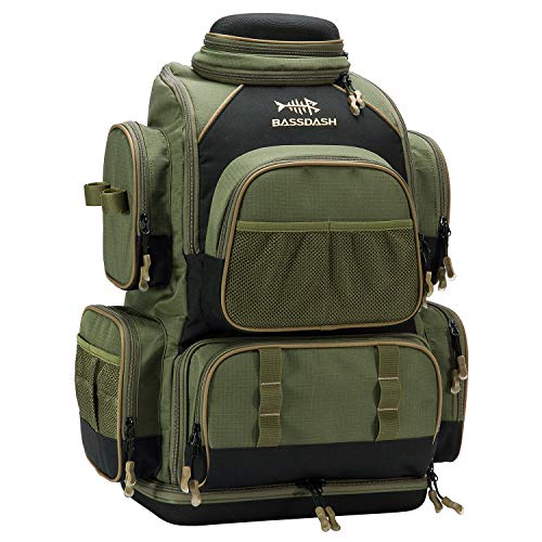 BASSDASH Fishing Tackle Backpack Water Resistant Tactical Bag Soft Tackle Box with Rod Holder and Protective Rain Cover - color: Green Backpack [3670] without Trays