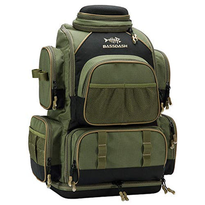 BASSDASH Fishing Tackle Backpack Water Resistant Tactical Bag Soft Tackle Box with Rod Holder and Protective Rain Cover - color: Green Backpack [3670] without Trays