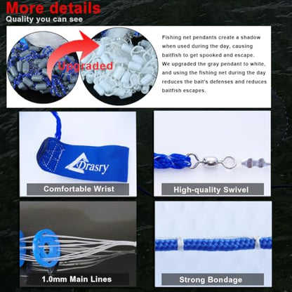 Drasry Saltwater Fishing Cast Net 3/8 and 1/4 Mesh with Heavy Duty Gray Sinker American Monofilament Fish Throw Net for Bait Trap 3FT 4FT 5FT 6FT 7FT 8FT 9FT Radius - size: 6FT Radius, style: 1/4 Mesh 0.88 Lb/Ft