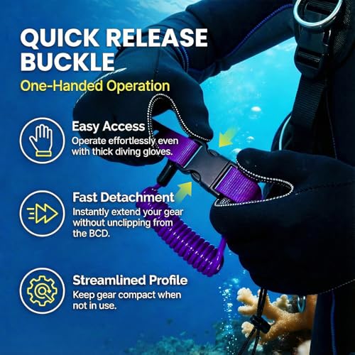Scuba Diving Lanyard - Underwater Camera Lanyard, Anti-Loss Retractable Gear Tether with Quick-Release Buckle Clip - color: Purple