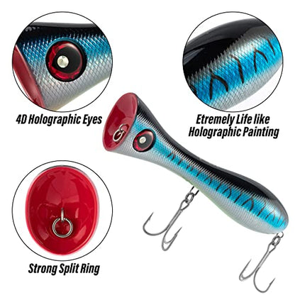 Dr.Fish Popper Saltwater Fishing Lures, 8 Inches GT Popper VMC Treble Hooks Surf Fishing Lures for Striper Tuna Barracuda Mackerel Snapper Bluefish Pencil Plugs Offshore - color: Chrome Black, Chrome Blue, Blue, Chartreuse, Blue Amberjack-5 Pack