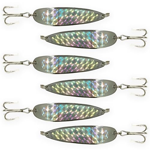 Crocodile Spoon Fishing Lures 2oz, 6 Pcs Silver Finish with 3X Strong Mustad Treble Hooks for Saltwater & Freshwater Fishing, Includes Durable Hook Set, Ideal for Tuna, & More
