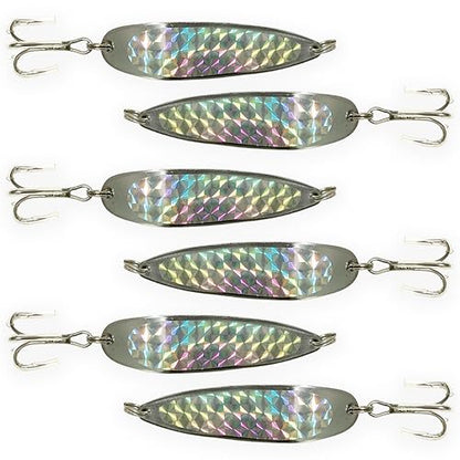 Crocodile Spoon Fishing Lures 2oz, 6 Pcs Silver Finish with 3X Strong Mustad Treble Hooks for Saltwater & Freshwater Fishing, Includes Durable Hook Set, Ideal for Tuna, & More