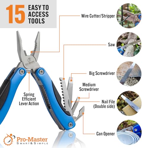 15-in-1 Multitool with Safety Locking, Stainless Steel Pocket Knife & Pliers, Compact EDC Multi Tool for Camping, Hiking, Fishing, Outdoors, Survival, Gift for Men, Father, Husband, Boyfriend - style: Blue