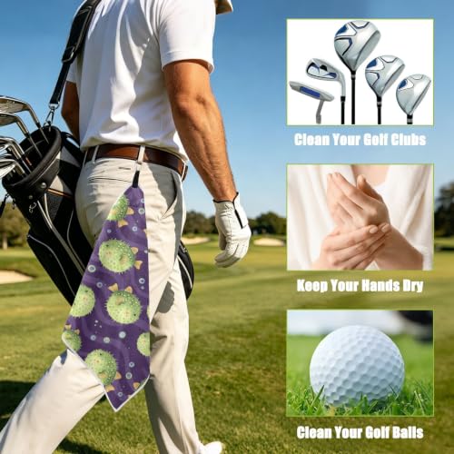Underwater Fish Purple Pattern Magnetic Golf Towel for Golf Bags Microfiber Golf Accessories for Men Women with Carabiner Clip Attaches to Clubs and Carts, 17.7"x17.7"