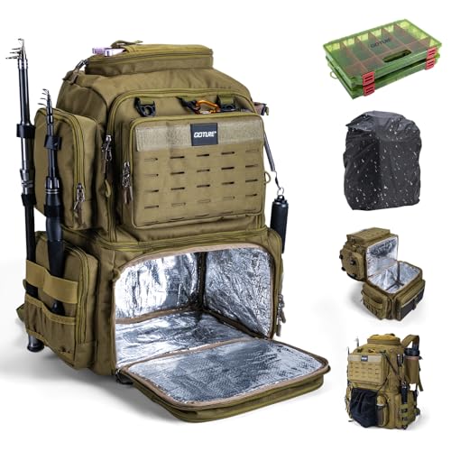 Goture Fishing Backpack with 2 Tackle Boxes, 53L 600D Water-Resistant Tackle Backpack with Cooler,Rod Holders, 8 Lure Pockets, Rain Cover, Large Fishing Bag Storage Gear Tackle Bag for Camping Hiking - color: C1:53L Insulated Khaki(With 2 3600 Tackle Boxe