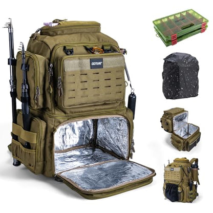 Goture Fishing Backpack with 2 Tackle Boxes, 53L 600D Water-Resistant Tackle Backpack with Cooler,Rod Holders, 8 Lure Pockets, Rain Cover, Large Fishing Bag Storage Gear Tackle Bag for Camping Hiking - color: C1:53L Insulated Khaki(With 2 3600 Tackle Boxe