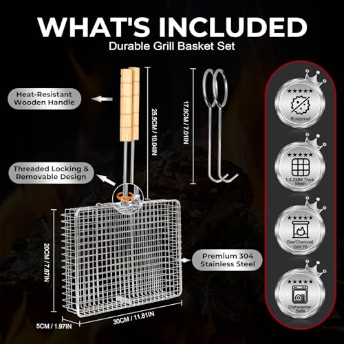 Grill Baskets for Outdoor Grill,Removable Wooden Handle and Divider Panel,BBQ Accessories for Grilling Fish,Veggies,Shrimp,Meat,Premium 304 Stainless Steel,Grilling Tools for Outdoor Cooking & Picnics,Gifts for Father’s Day,Birthday,Festival,Anniversary
