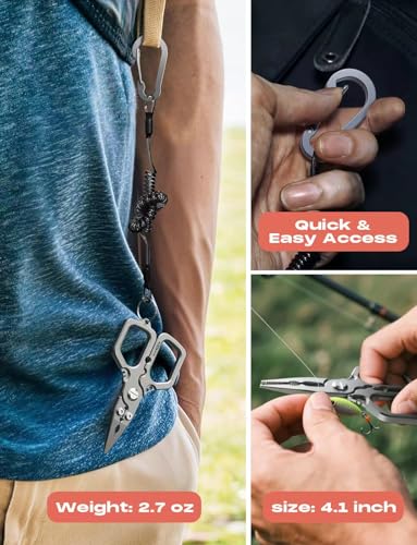 HOOK-EZE 420 Fishing Pliers, 4.1“ Multi-function Fishing Tool with Tungsten Cutters, Knot Tying Tool with Lanyard, Split Ring Hook Remover, Freshwater Fishing Tool Gift for Men