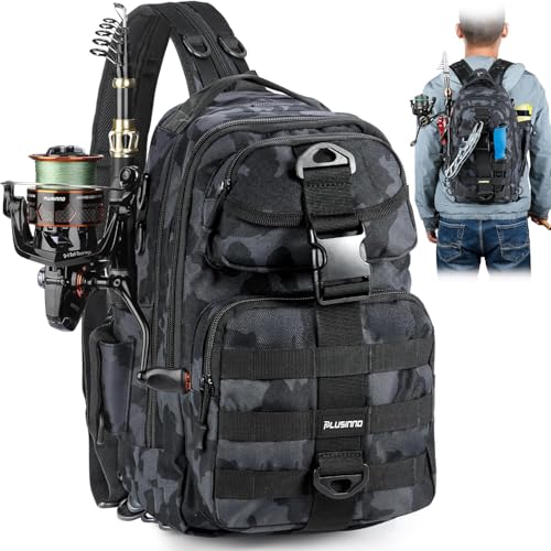 PLUSINNO Fishing Backpack with Tackle Boxes, Waterproof Fishing Sling Tackle Bag For Gear With Rod Holder, Gifts for Men.