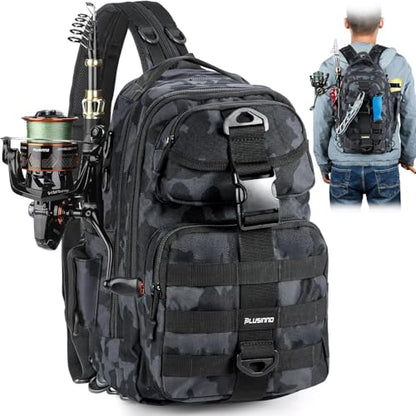 PLUSINNO Fishing Backpack with Tackle Boxes, Waterproof Fishing Sling Tackle Bag For Gear With Rod Holder, Gifts for Men.