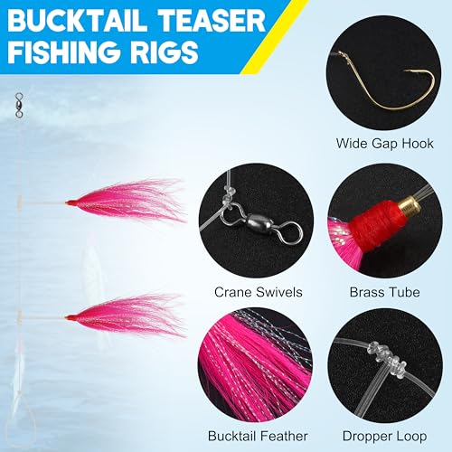 Fishing Teaser Rigs Saltwater, 3/6 Pack Flounder Rigs Hand Tied Sea Bass Hi Lo Rig Fishing Bait Rigs Multicolor Mylar Bucktail Teasers Rig for Flounder Fluke Halibut Sea Bass - size: 6 Packs, style: Bucktai/Mylar Teaser