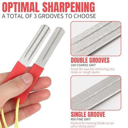 Skylety 2 Pcs Hook Sharpener Hook File for Fishing Diamond File with Handle Portable Double Sided Fine and Medium Grit for Fishing - color: Vivid Red