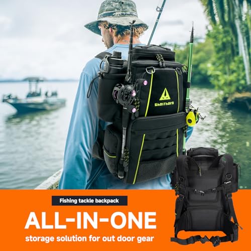 Ghosthorn Fishing Tackle Backpack with 4 3600 Tackle Boxes Rod Holder Outdoor 43L Large Bag with Detachable Wasit Bag Storage Fishing Gear and Equipment Waterproof - color: With 3600*4 Black (43l)