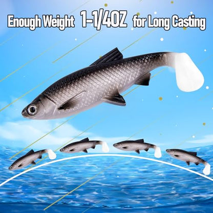 Alwonder 2-Pack Fishing Swimbait Soft Plastic Lures Saltwater, 6.1IN Texas Rig Paddle Tail Swim Baits Freshwater, Sinking Paddle Tail Soft Lure Bait for Pike Musky Bass Tarpon Halibut Mackerel Grouper - color: Black and White