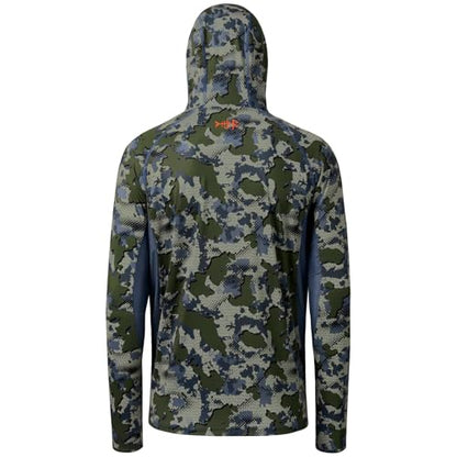 BASSDASH Men's UPF 50+ Camo Long Sleeve Hunting Fishing Hoodie Shirt - color: Green Vegetation Camo With Ash Blue Mesh, size: X-Large