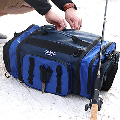 OSAGE RIVER Large Waterproof Fishing Tackle Bag with Padded Shoulder Strap, Ripstop Soft Sided Bag with Fishing Pliers Holder - color: Blue with 3 Tackle Boxes