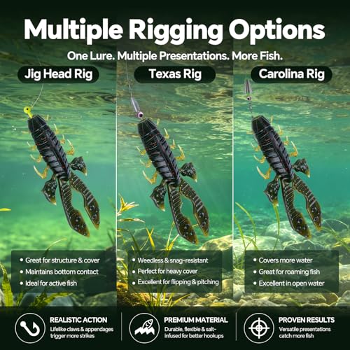 Crawfish Lure 5.5", Soft Plastic Crawdad Creature Bait with Rattles, Weedless Bass Fishing Lure, Realistic Fishing Lures for Freshwater & Saltwater, 3 Pack Red Green Blue - color: Green (box)